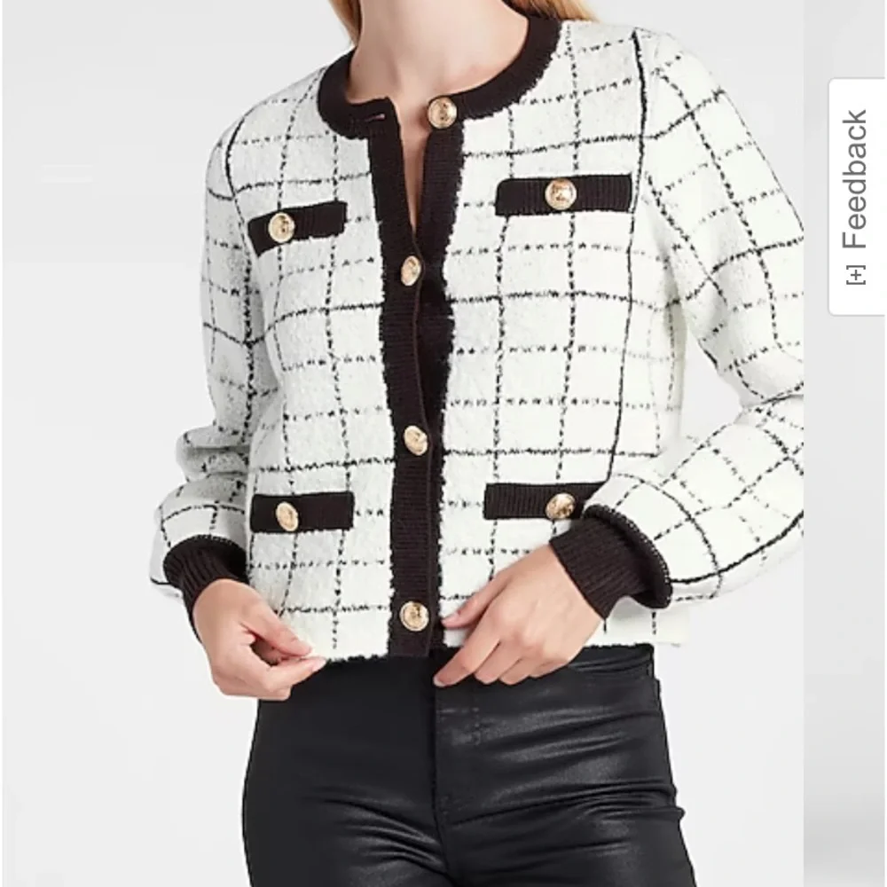“Express” Chic plaid white/black sweater jacket with novelty buttons; XS; NWOT